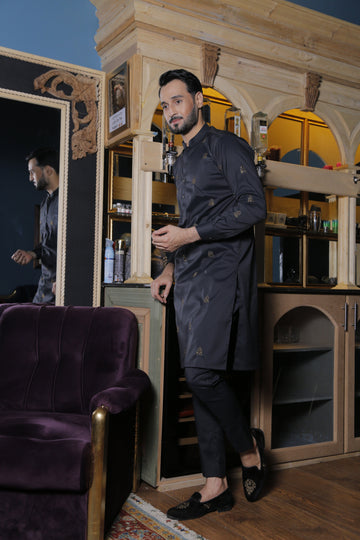 Black Color Copper Motifs Embroidered Kurta Pajama For Men